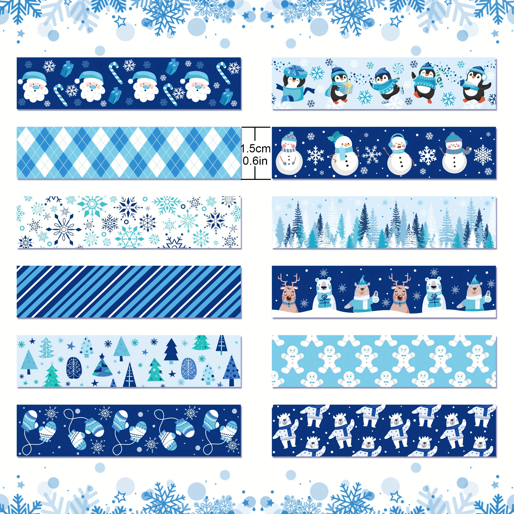 12 Rolls, Winter Washi Tape Blue White Holiday Washi Masking Tape Snowflake  Xmas Tree Snowman Reindeer Patterned Decorative Tape For Scrapbook Journal