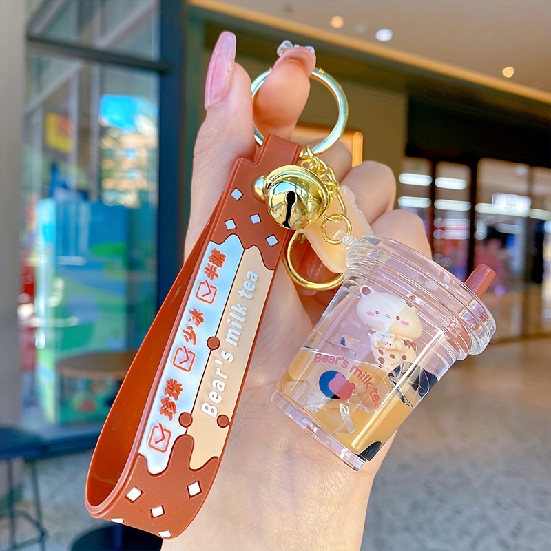 Creative Bear Car Keychain Pearl Milk Tea Cup Bear Pendant Drift