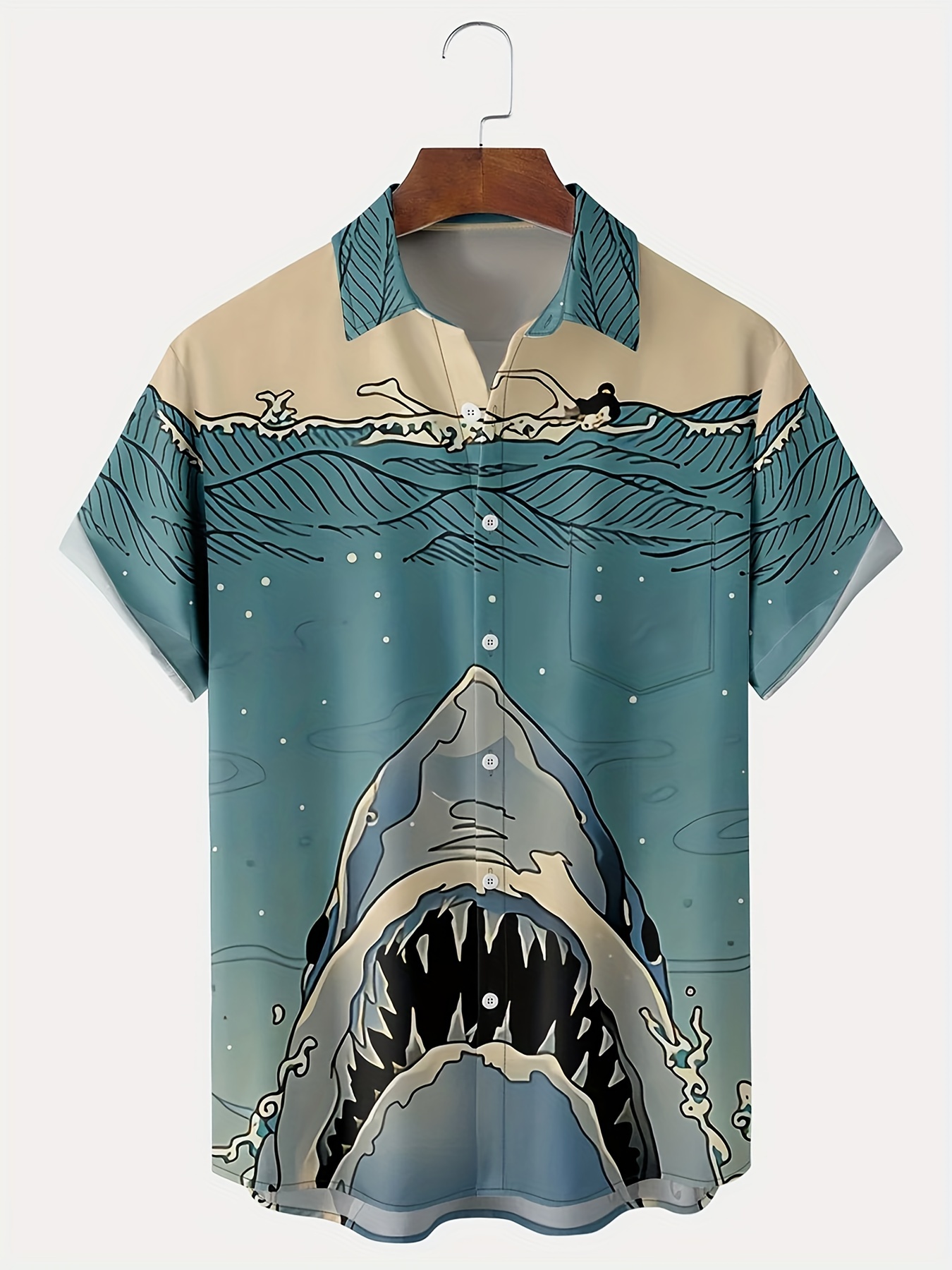 Camisa de manga corta con estampado de tiburón para hombres, ropa casual para playa, estilo hawaiano, ropa de verano y primavera