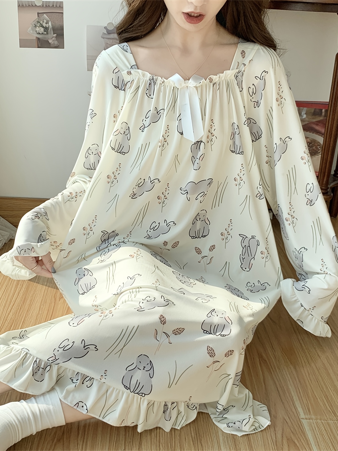 Cartoon Bunny Print NightDress, Cute Long Sleeve Square Neck Ruffle Pajama  Dress, Women's Sleepwear & Dresses