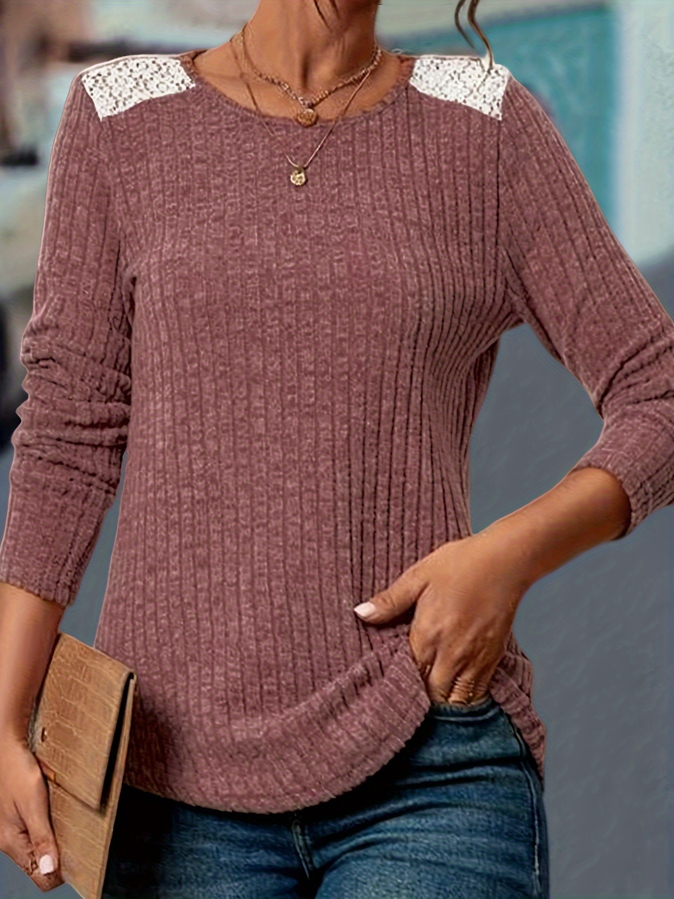 Contrast Lace Ribbed Crew Neck T shirt Casual Long Sleeve - Temu
