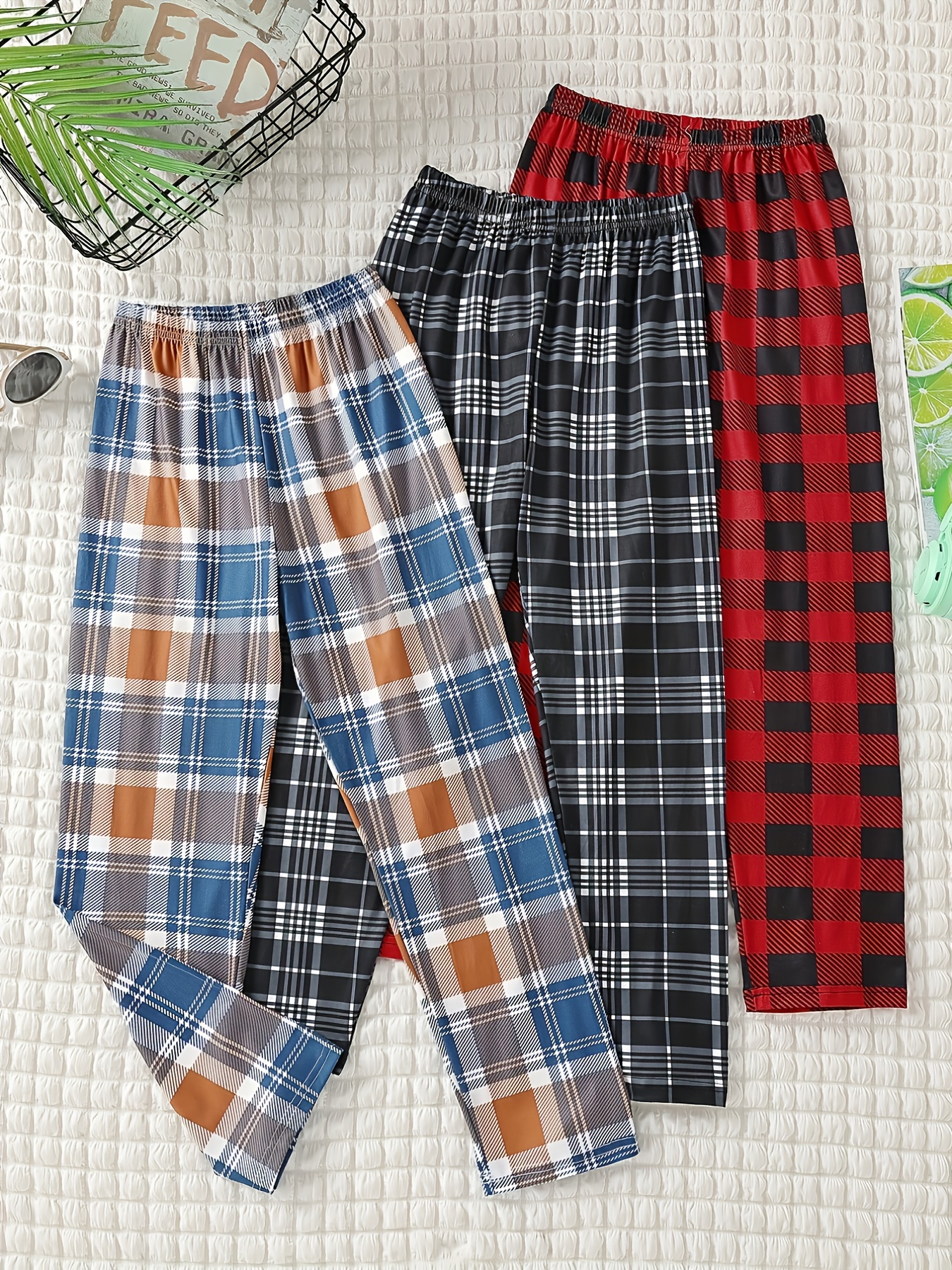 Unisex Christmas Pajama Pants Adult and Youth Plaid Cotton Loose Straight  polka dot Long Pants Trouser