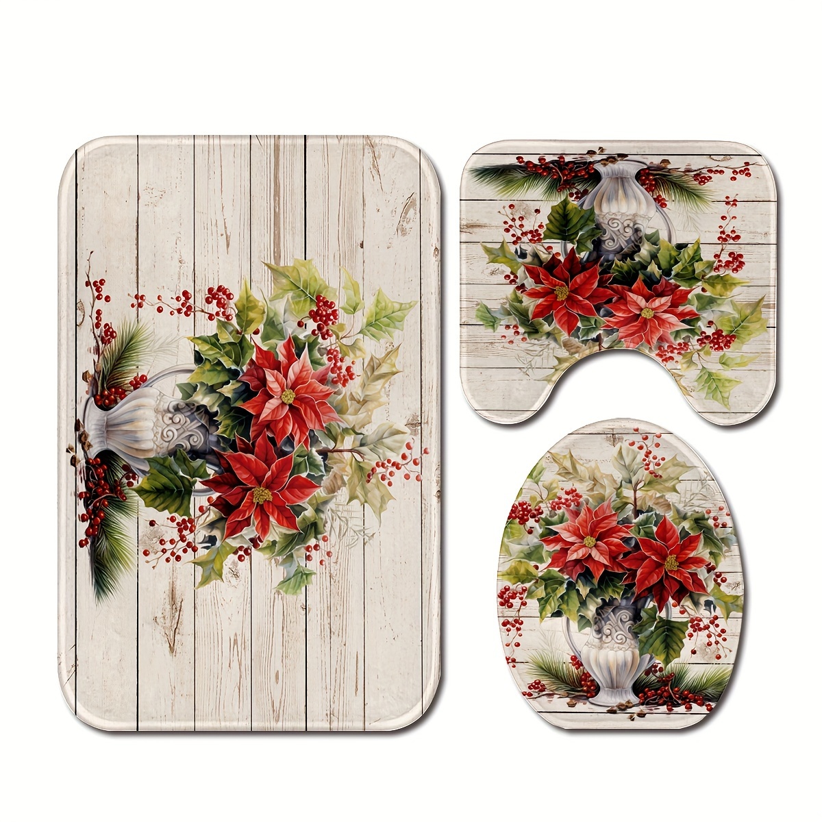 Christmas Pine Needles Flower Pattern Bathroom Rug, Bath Mats Set For  Bathroom, No Silp Washable Cover Floor Rug, Decorations For Bathroom  Bedroom, Set Includes Bath Rug, Contour Mat, And Toilet Lid Cover