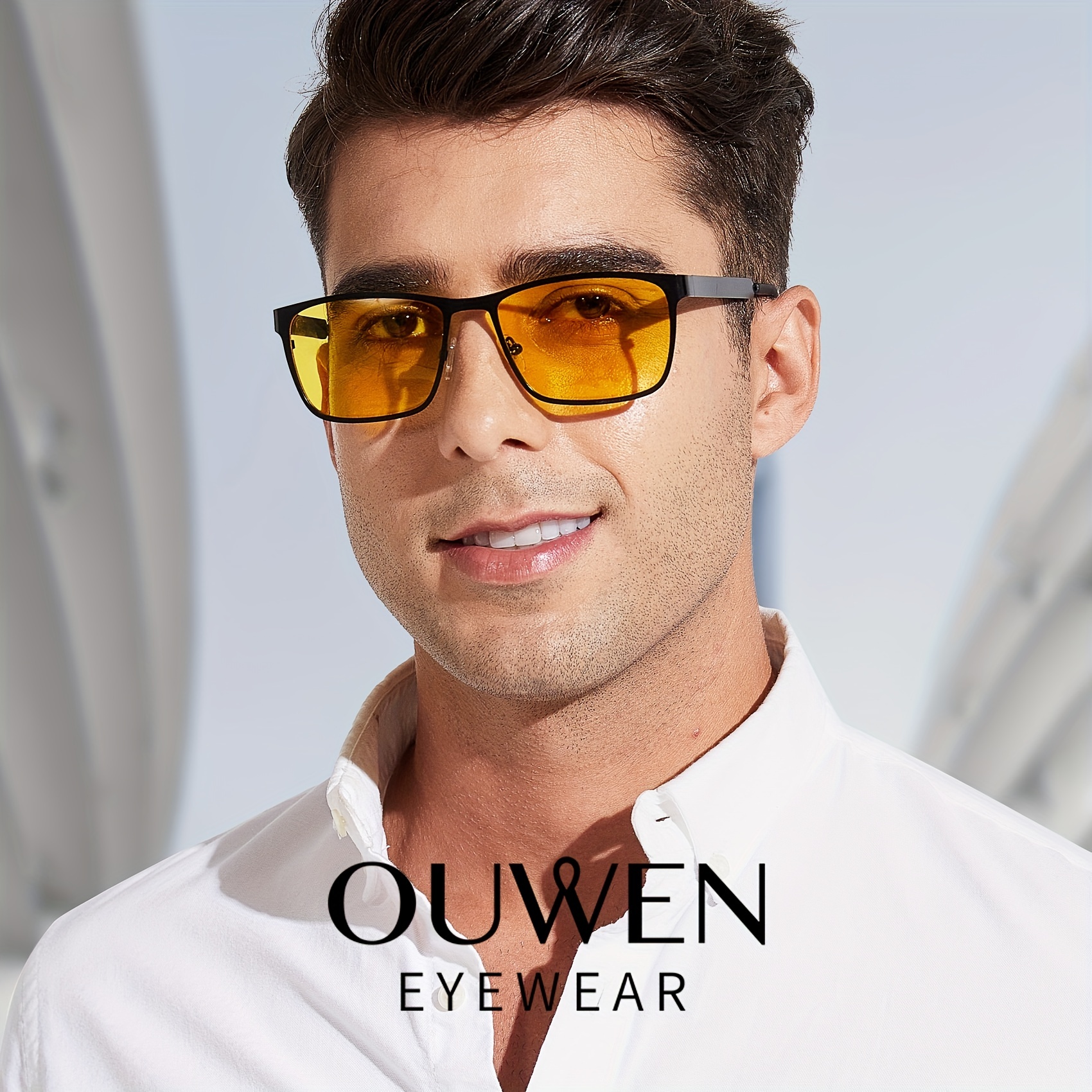 OUWEN, Retro Rectangle Polarized * Sunglasses For Men, Metal Night Vision  Driving Glasses