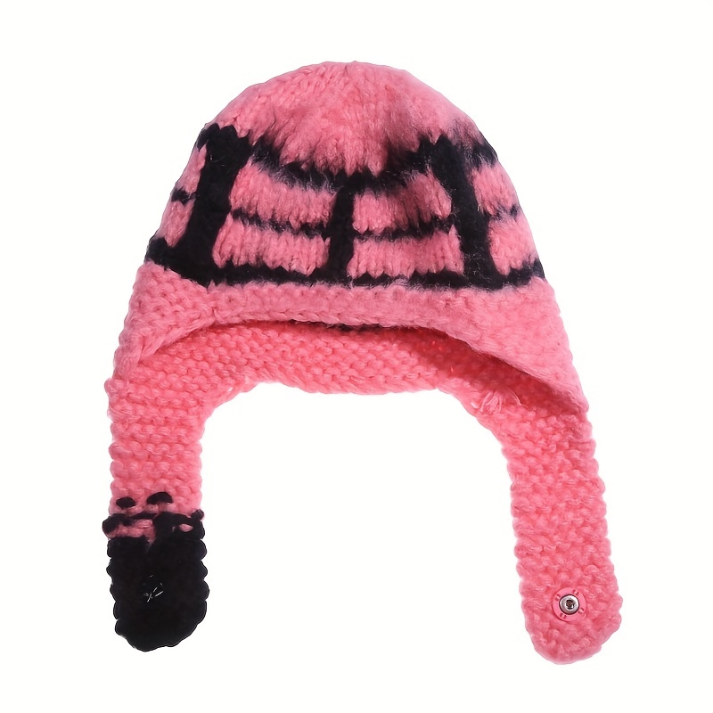Mohair Knitted Beanies Color Block Earflap Knit Hats Unisex Winter
