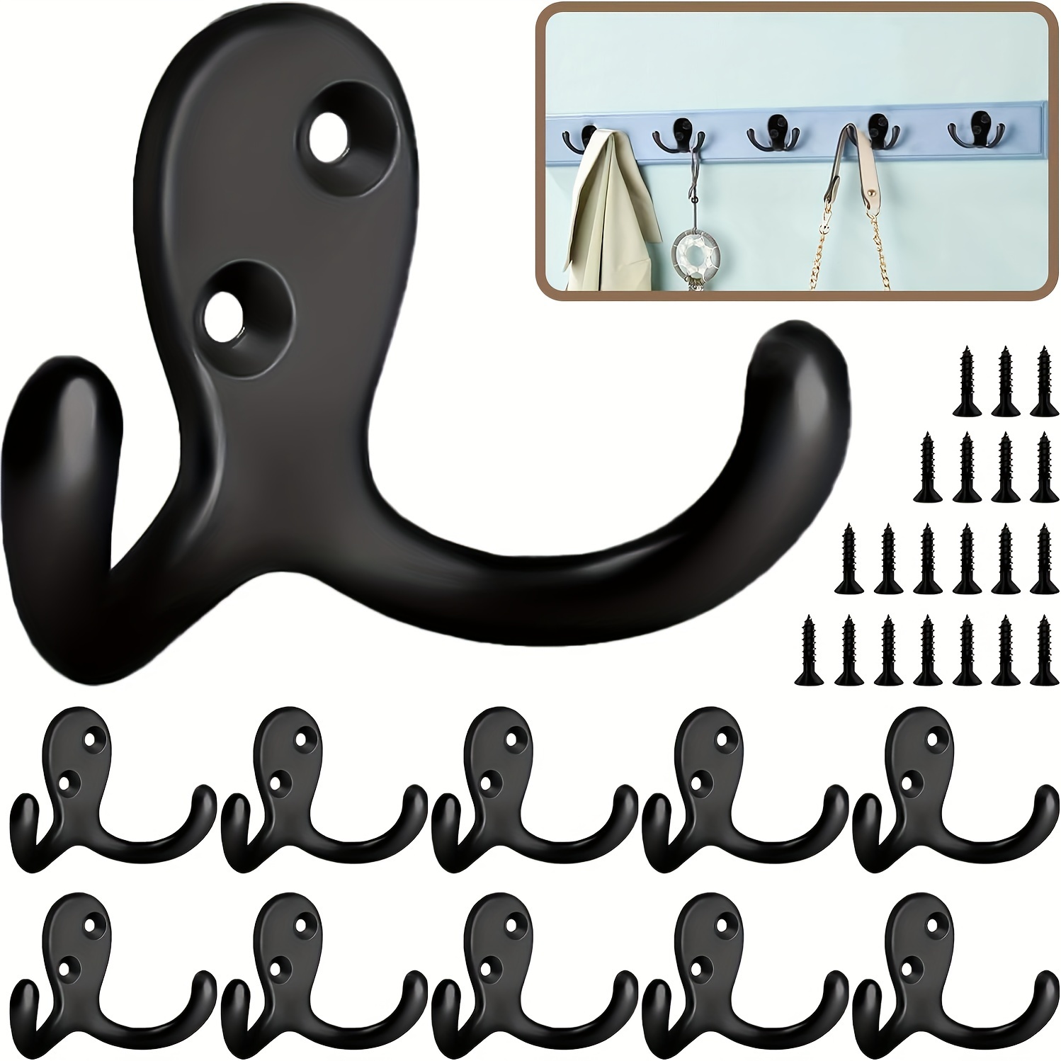

10pcs, Coat Hook Wall-mounted, Heavy-duty Metal Double Hook With 20 Screws, Wall Single Hook Hanging Robes, Towels, Keys, Jackets, Clothes, Hats, Etc