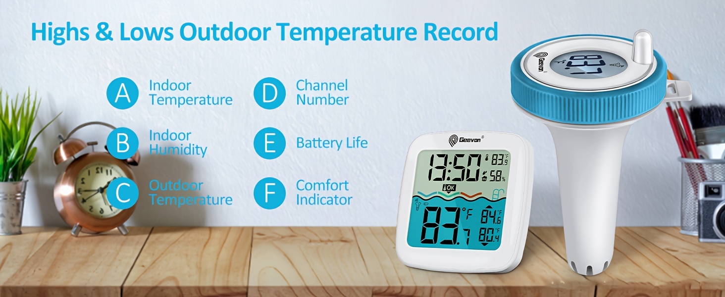 Geevon Wireless Pool Thermometer Floating Easy Read,Remote Digital Pool Thermometer with High & Low Alert, 4.9 Large Display and 10S Backlit for