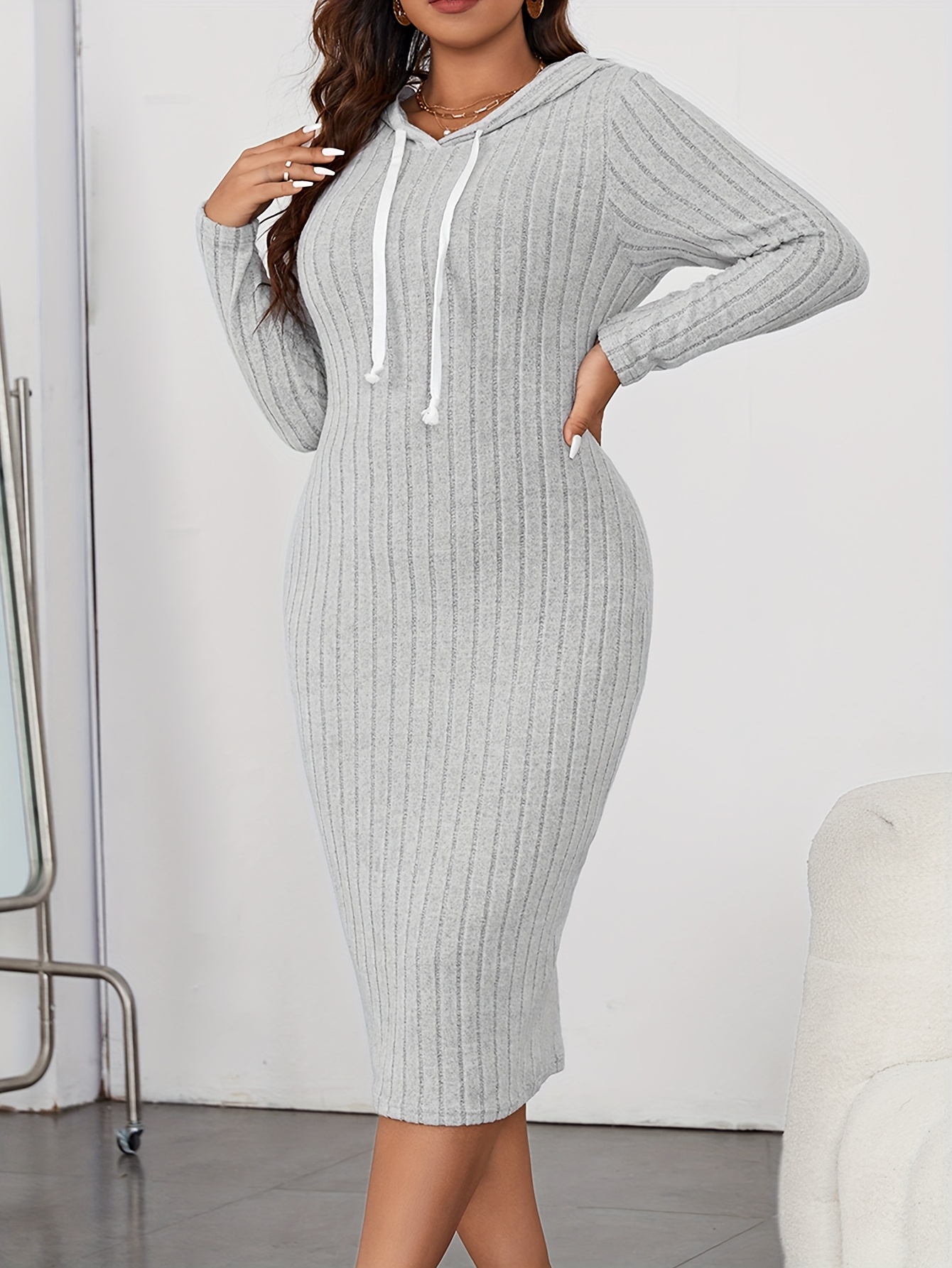 Plus Size Casual Dress Women's Plus Solid Ribbed Long Sleeve - Temu