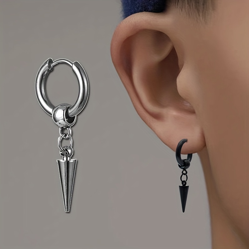 14pcs Men's Black Stainless Steel Non-Piercing Spike Rivet Cross Dangle  Tassel Clip On Hoop Earrings Set For Women & Men Boy Girl, Non Pierced Fake  Ea