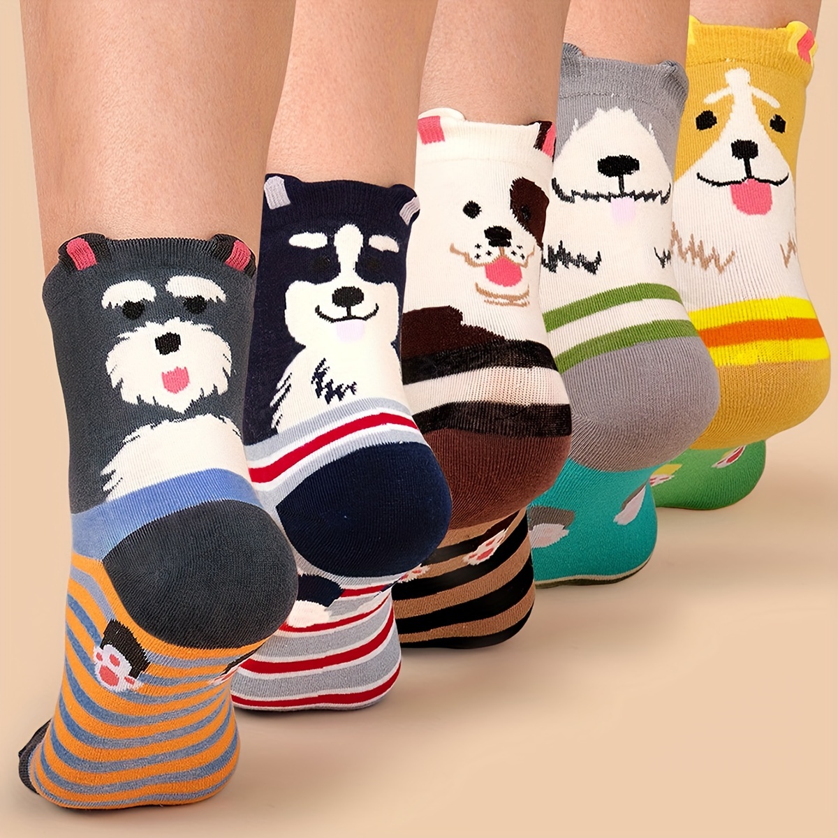 

5 Pairs Cartoon Puppy Socks, Cute & Comfy Mid Tube Socks, Women's Stockings & Hosiery