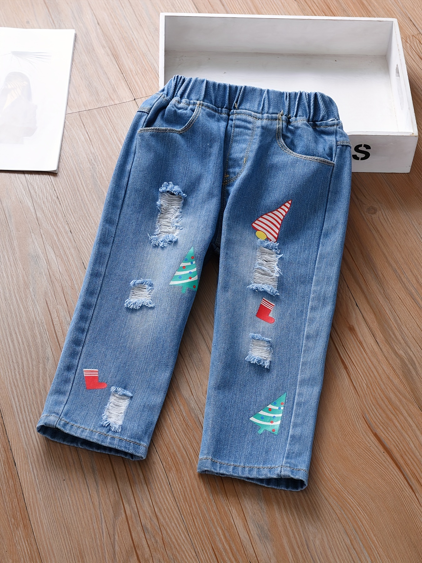 Girl's Christmas Santa Claus Print Denim Pants Trendy Casual Ripped Jeans  For Autumn/winter, Kids Clothing