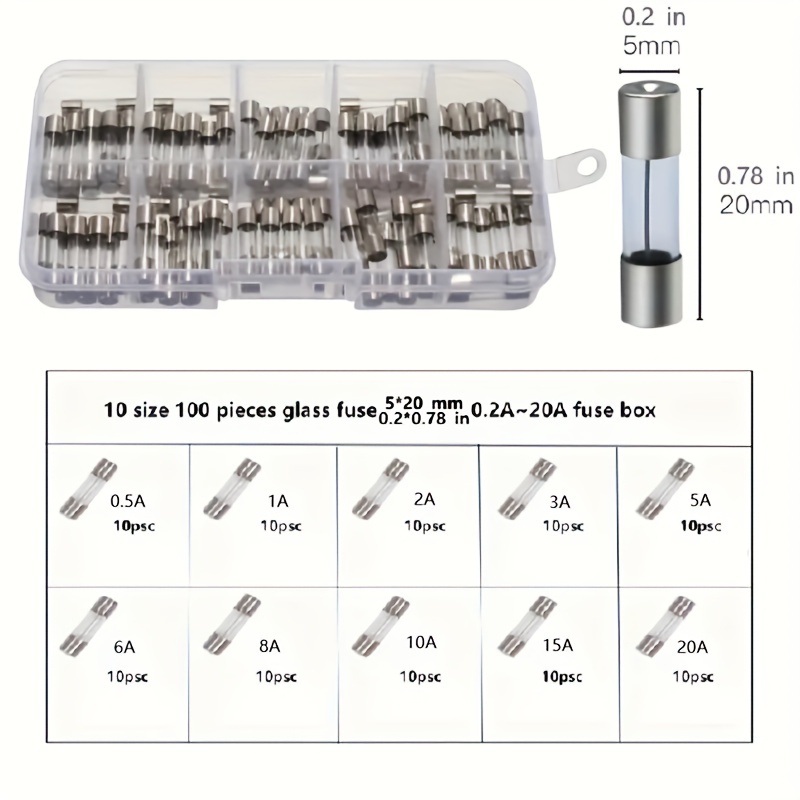 100 pièces/ensemble de fusibles de tube de verre assortis ensemble de  fusibles en verre à soufflage rapide 0.2A-20A Kit avec boîte de rangement 