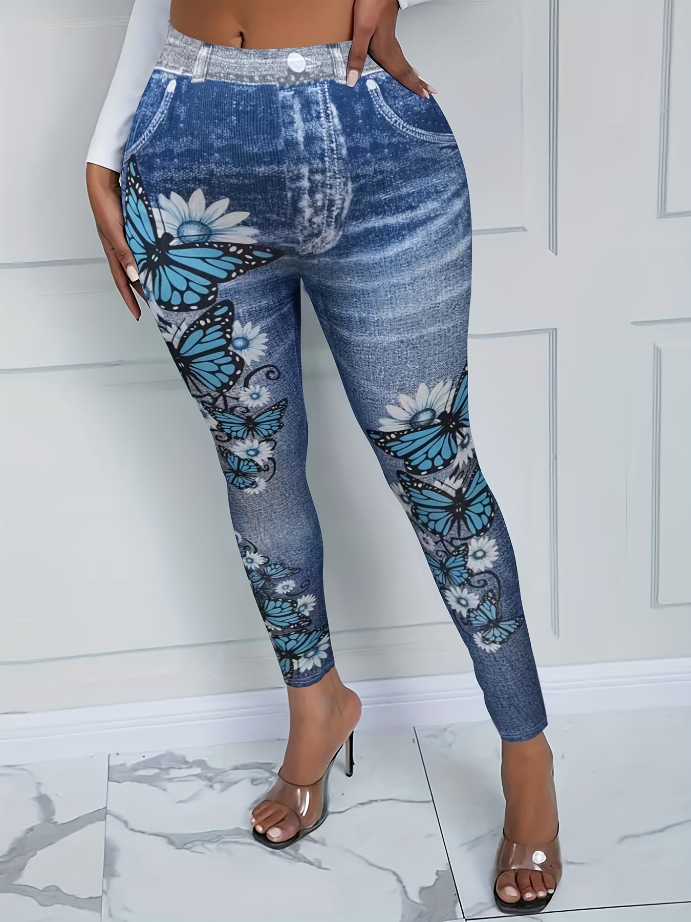 Butterflies & Denim Print Leggings, Skinny Long Length Casual Pants,  Women's Clothing