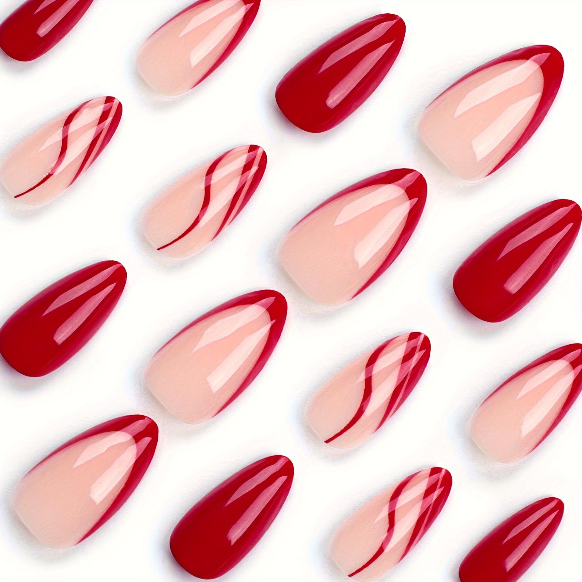 24pcs glossy medium almond fake nails wine red french tip press on nails with red stripe design new year false nails for women girls details 2