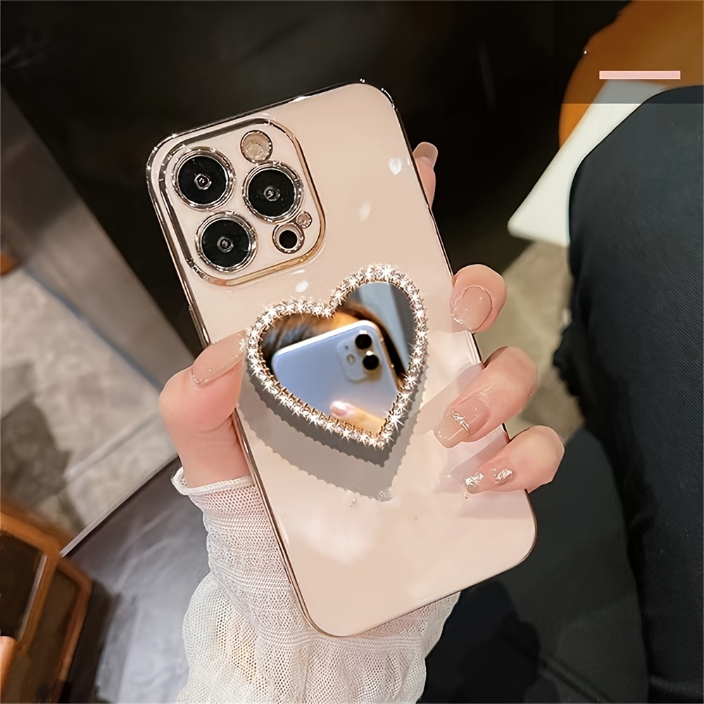 cute glitter bear love makeup mirror electroplated case for iphone 15 14 13 12 11 pro max soft silicone cover details 4