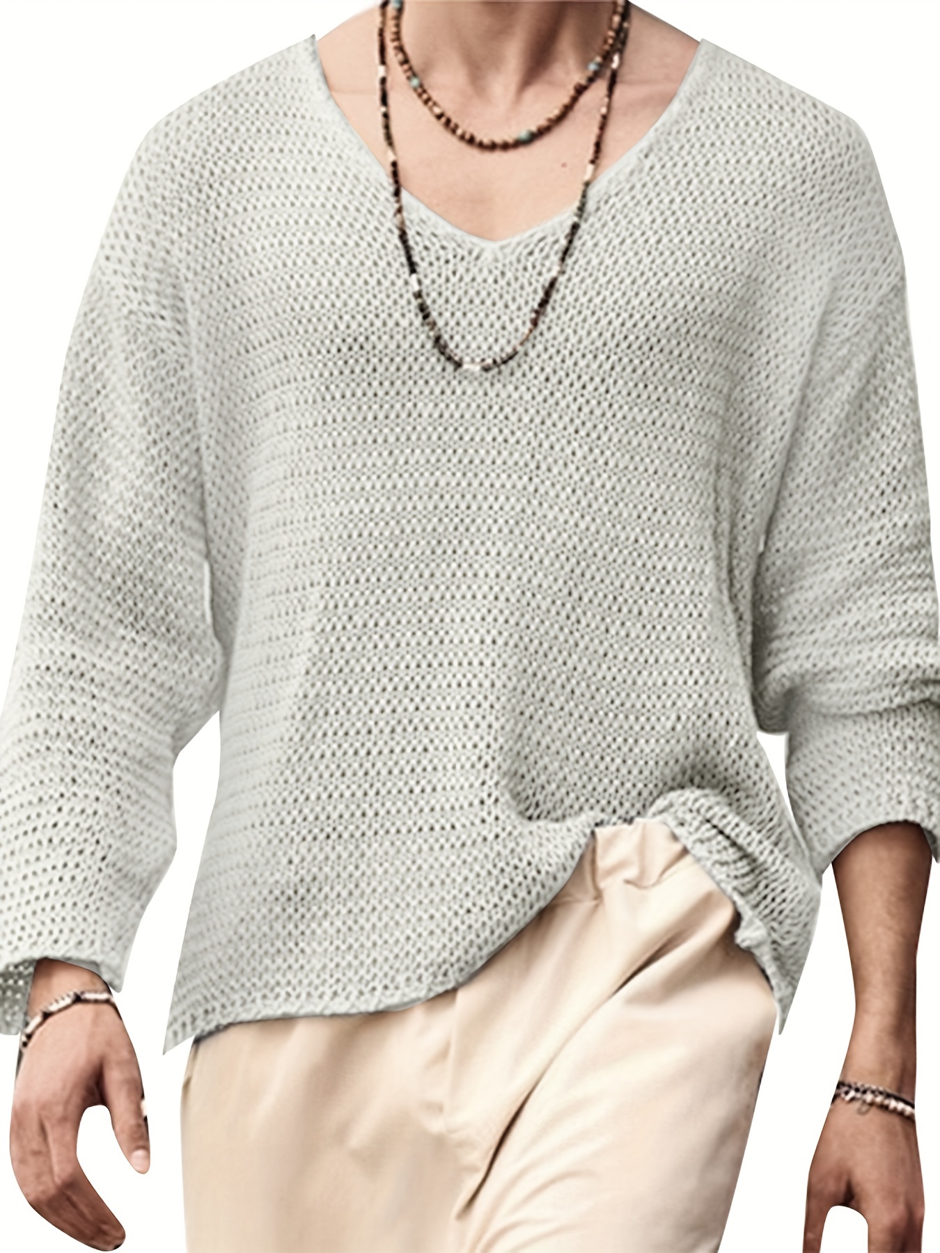 Men's Long Sleeve V Neck Mesh Knitted T Shirts Casual Loose Pullover Tops Blouse, Chinese Size, Please Check The Size Guide Carefully