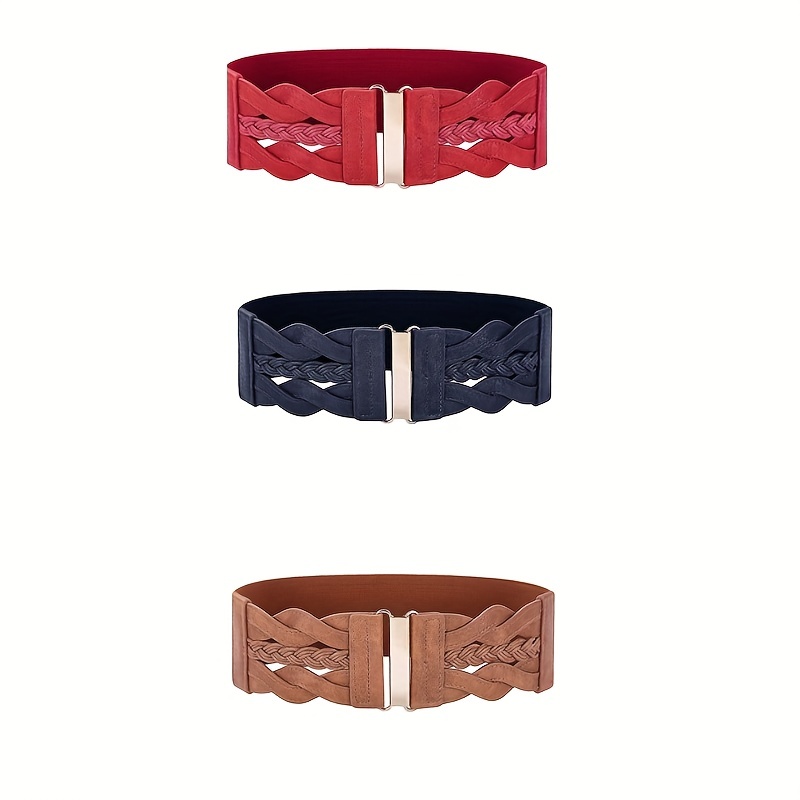 Vintage Braided Wide Belts Hollow Out Solid Color Elastic