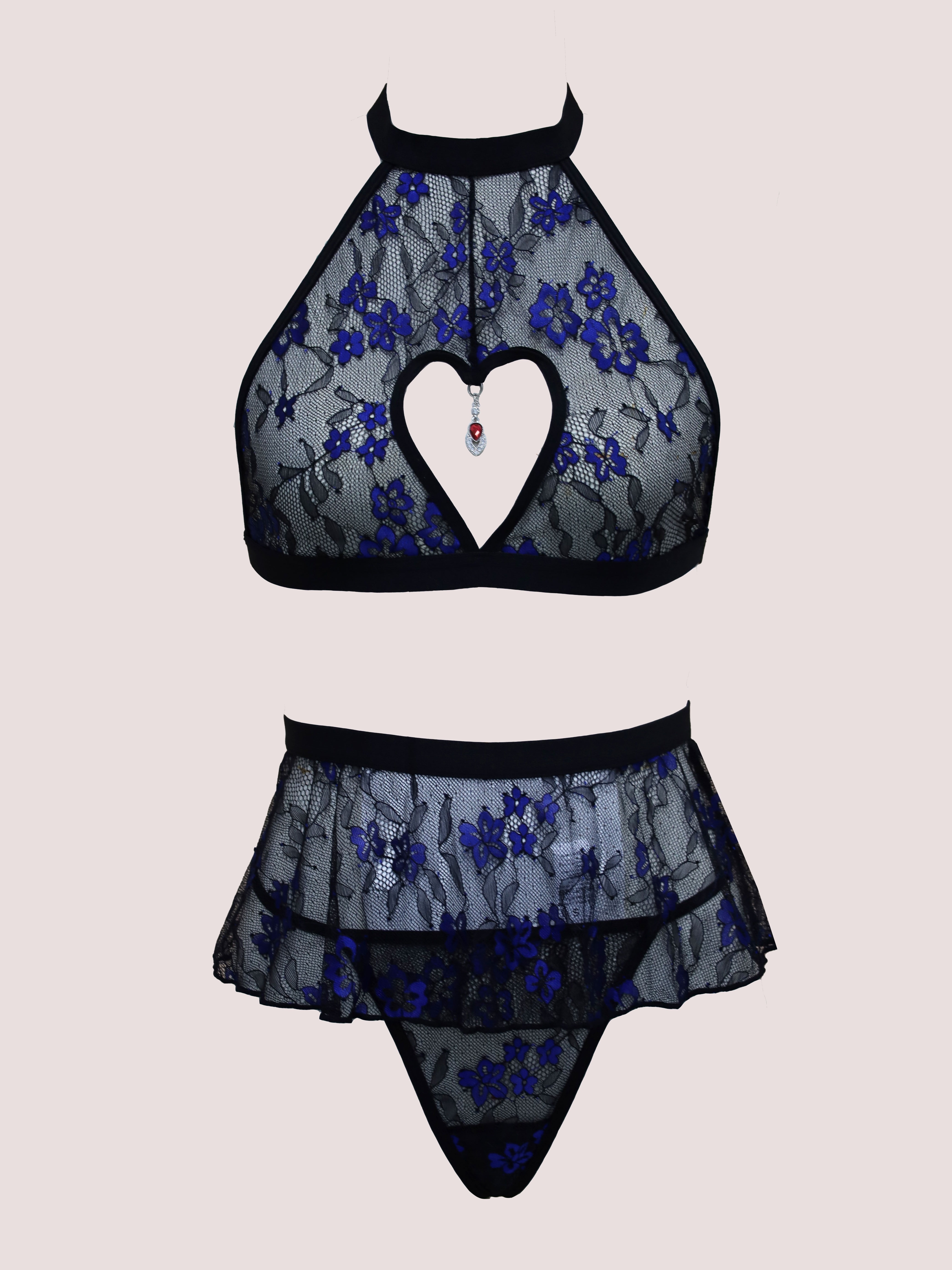 Floral Lace Lingerie Set, Cut Out Bra & Mesh Skirt & Thong, Women's Sexy  Lingerie & Underwear