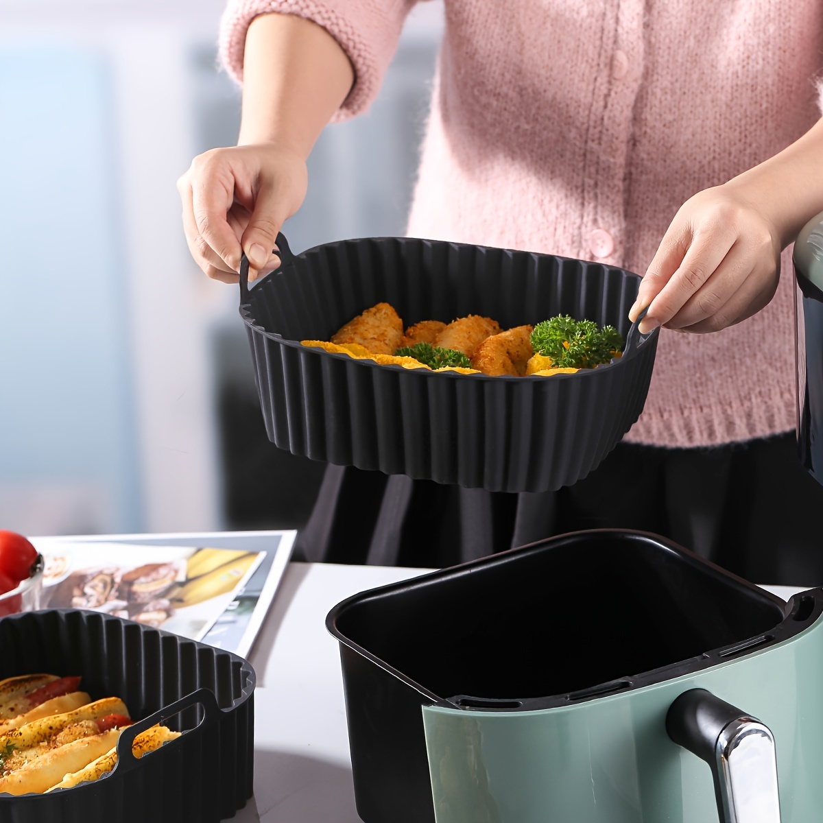 Rumbeast 3Pcs Silicone Air Fryer Liners, 8.27 inch Square Reusable