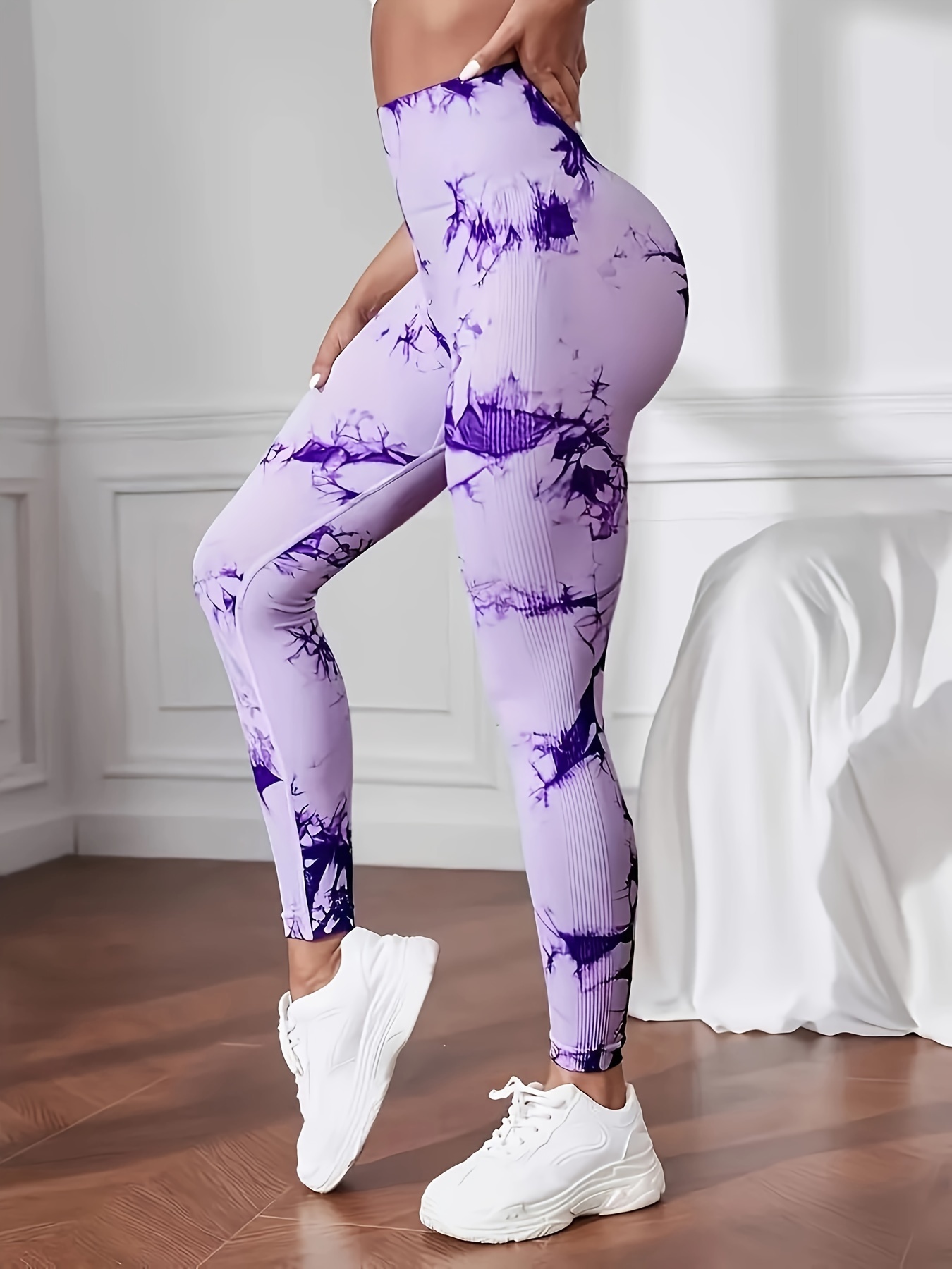 Purple, M) Tie Dye Yoga Pants - Push Up Gym Leggings - Seamless