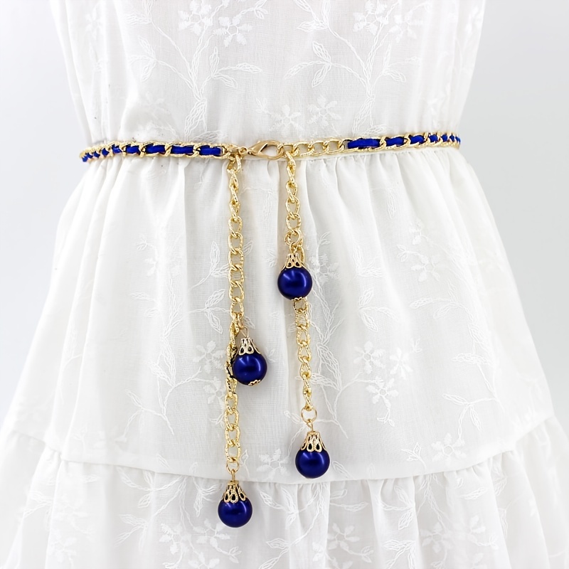 Women Sweet Metal Waist Belt Body Chain Imitation Pearl Beads Dress Chain