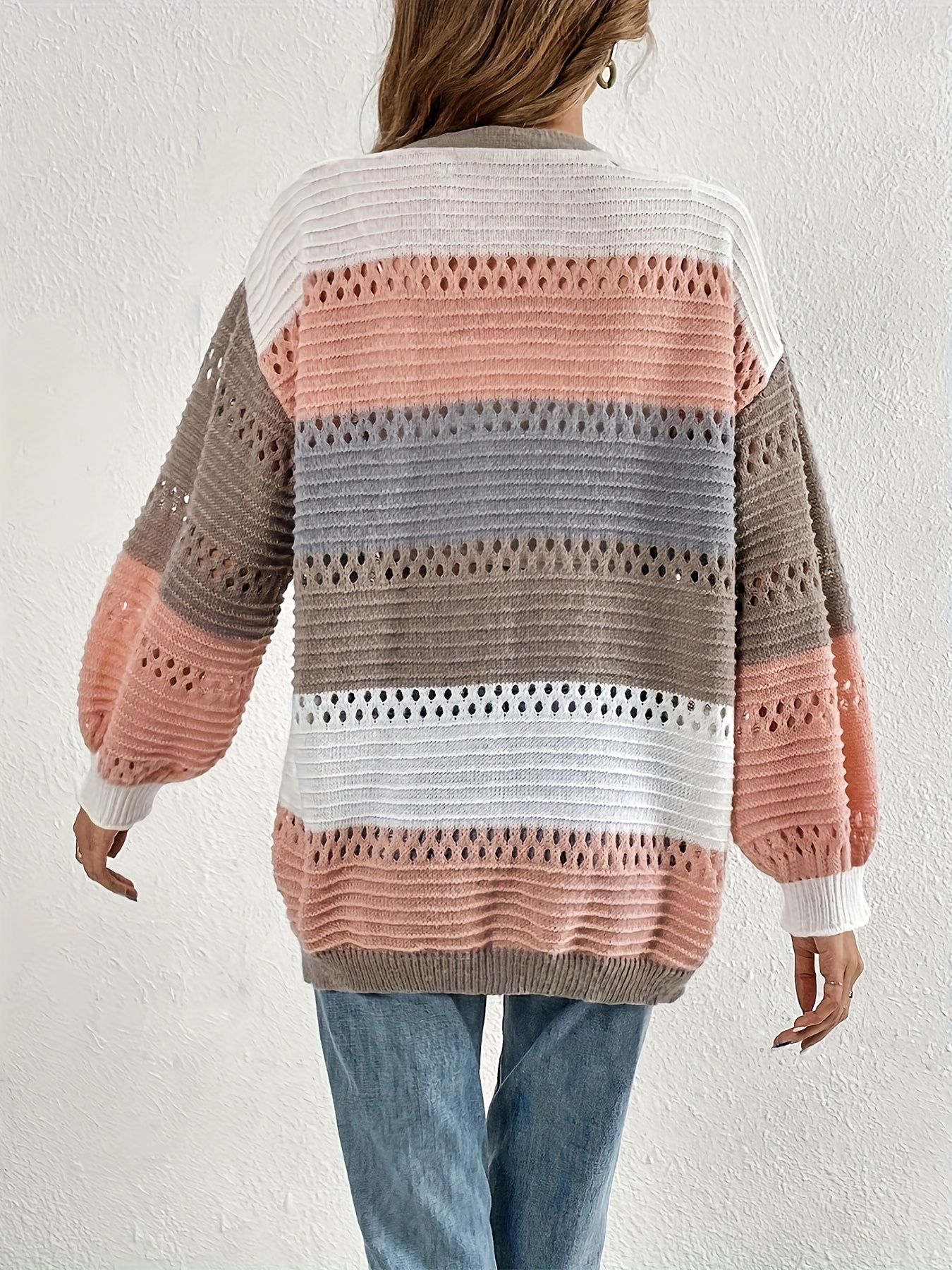 Cut Out Block Knit Cardigan Long Sleeve Sweater