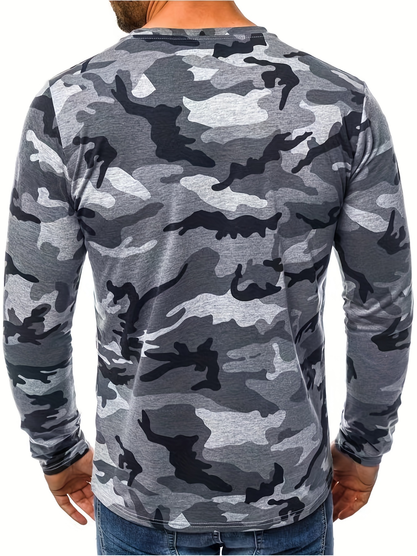 Camo Long Sleeve Denim Shirt for Men Army Camouflage Print