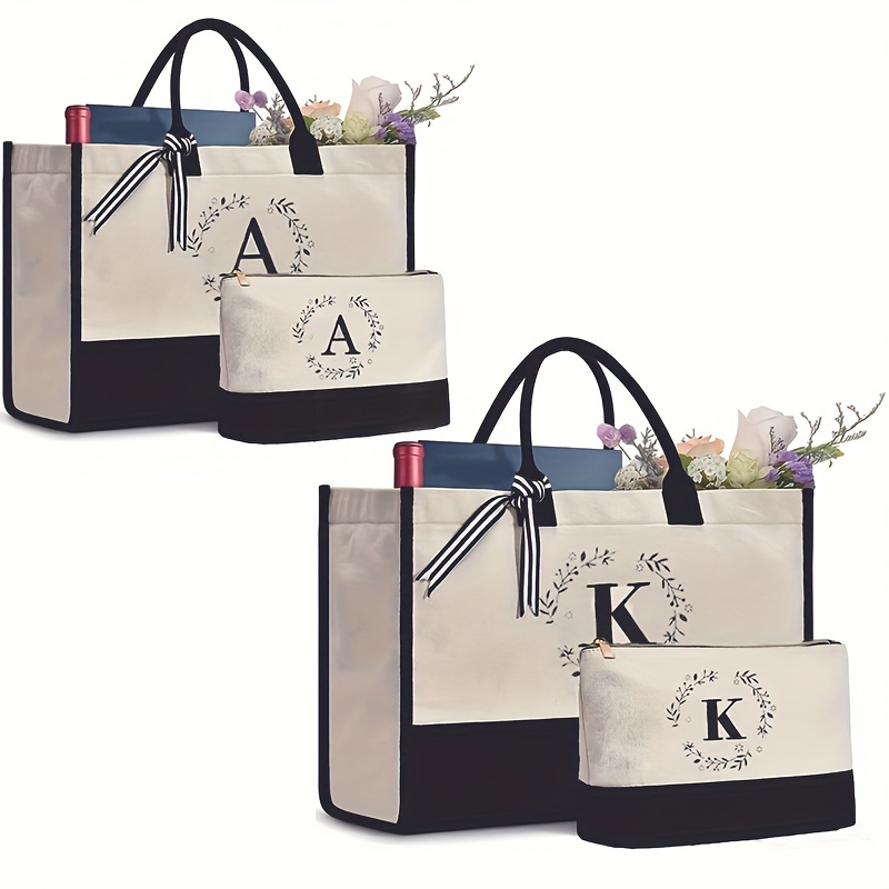 2pcs/set Personalized K Initial Canvas Tote Bag with Monogram Tote