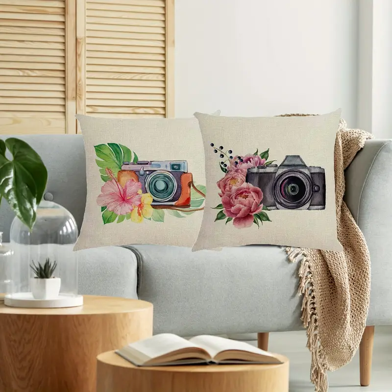 Flowers And Camera Throw Pillow Covers, Linen Blend Single Sided Printed  Throw Pillow Cover, For Living Room Bedroom Party Supplies Sofa Home Decor,  No Pillow Insert - Temu