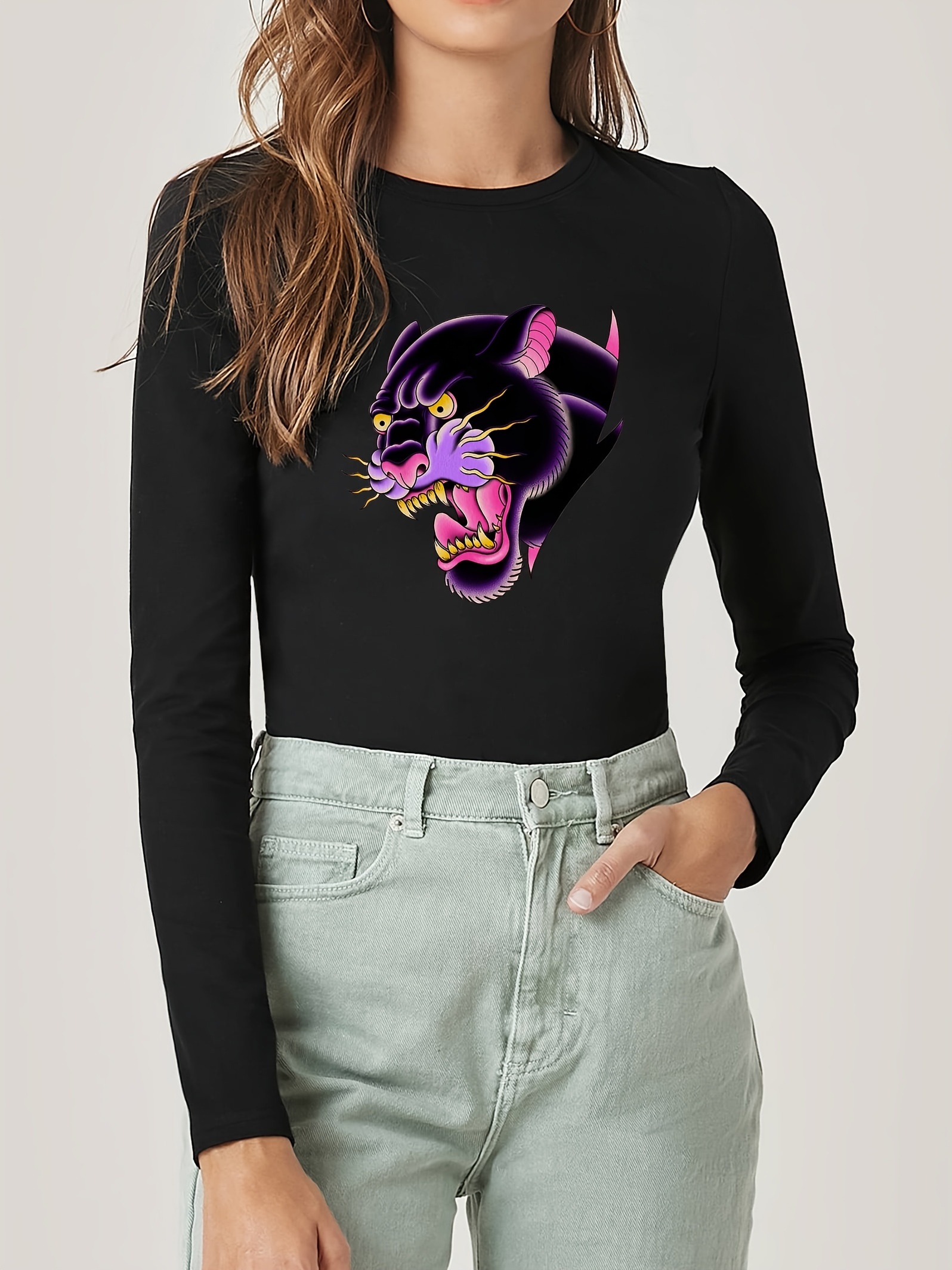 Panther Neck - Crew Print Temu shirt Long Graphic T Sleeve