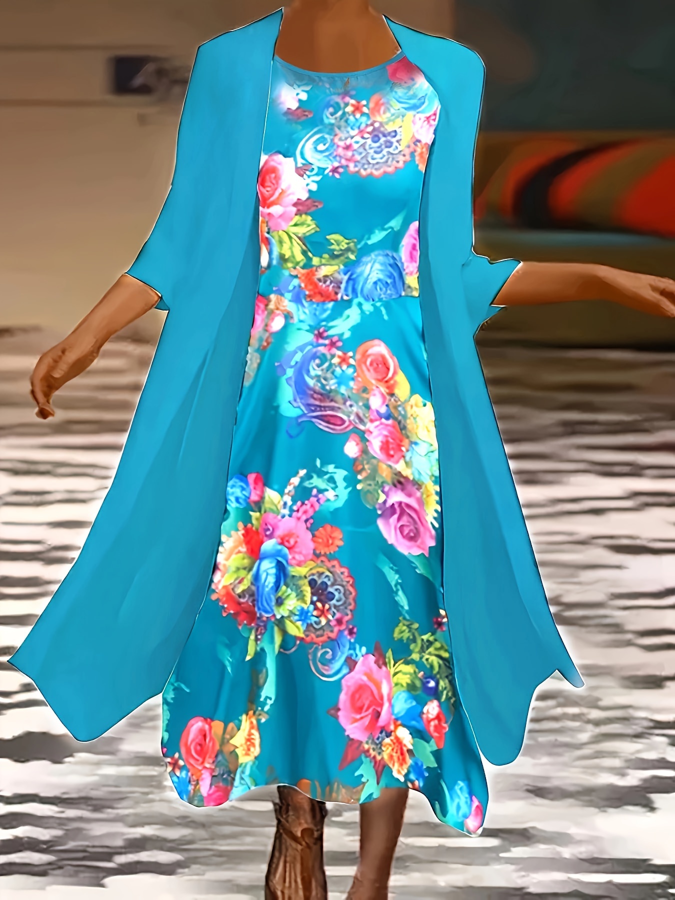 Plus Size Floral Print Two-piece Set, Long Sleeve Open Front Top Tank  Dress Outfits, Women's Plus Size Clothing