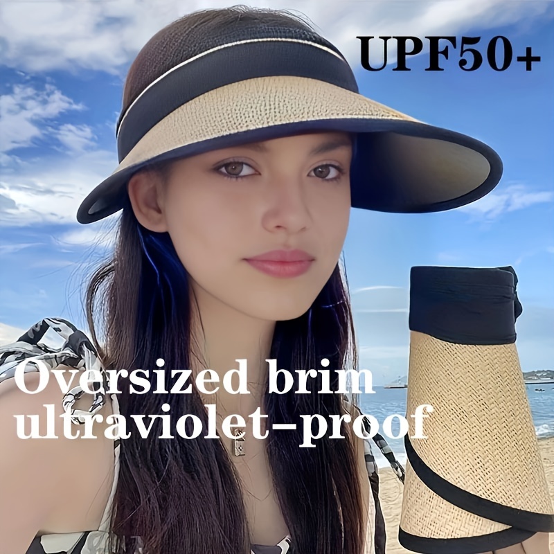 Anti UV Hat Women Summer Straw Large Wide Brim Sun Visor Cap Beach Empty  Top Cap