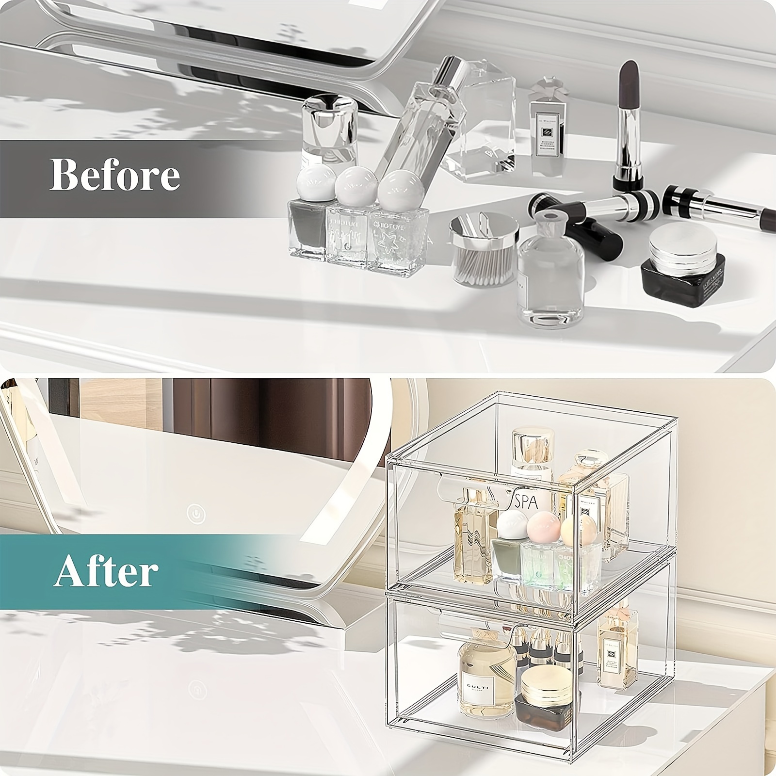 2 Pack Clear Makeup Organizer for Vanity Stackable Acrylic Cosmetic Display  Case For Bathroom Under Cabinet Organizers And Storage Drawer For Make up