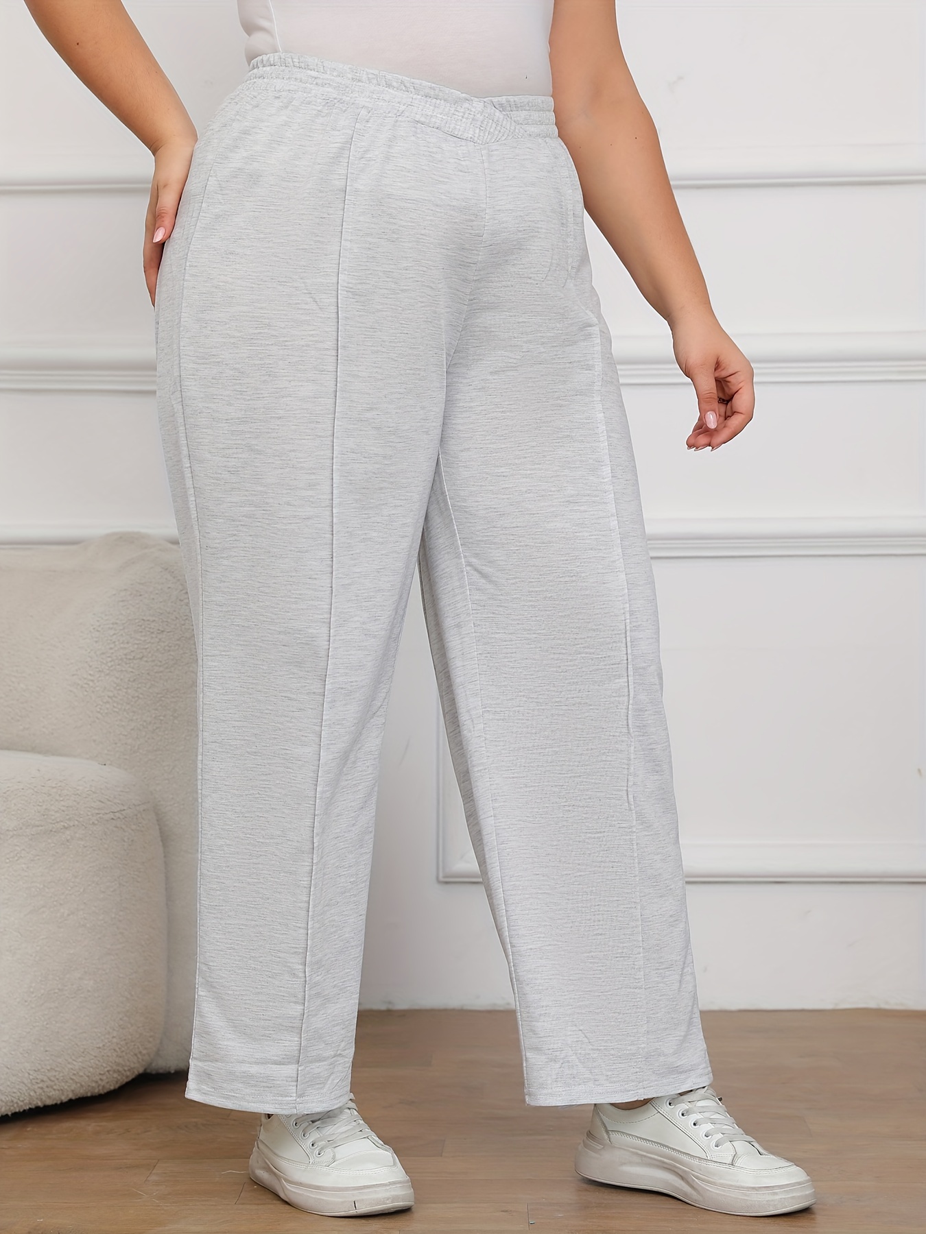 Plus Size Sports Pants, Women's Plus Solid Elastic Drawstring High Stretch  Wide Leg Track Pants