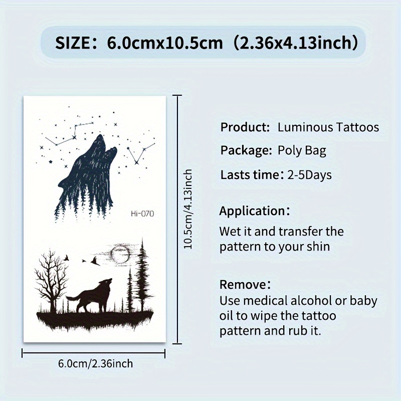 glow in the dark temporary tattoos 16 sheets of blue luminous adventure waterproof stickers for adults featuring mountains rivers wolves whales planets moon stars perfect for music festivals parties details 3