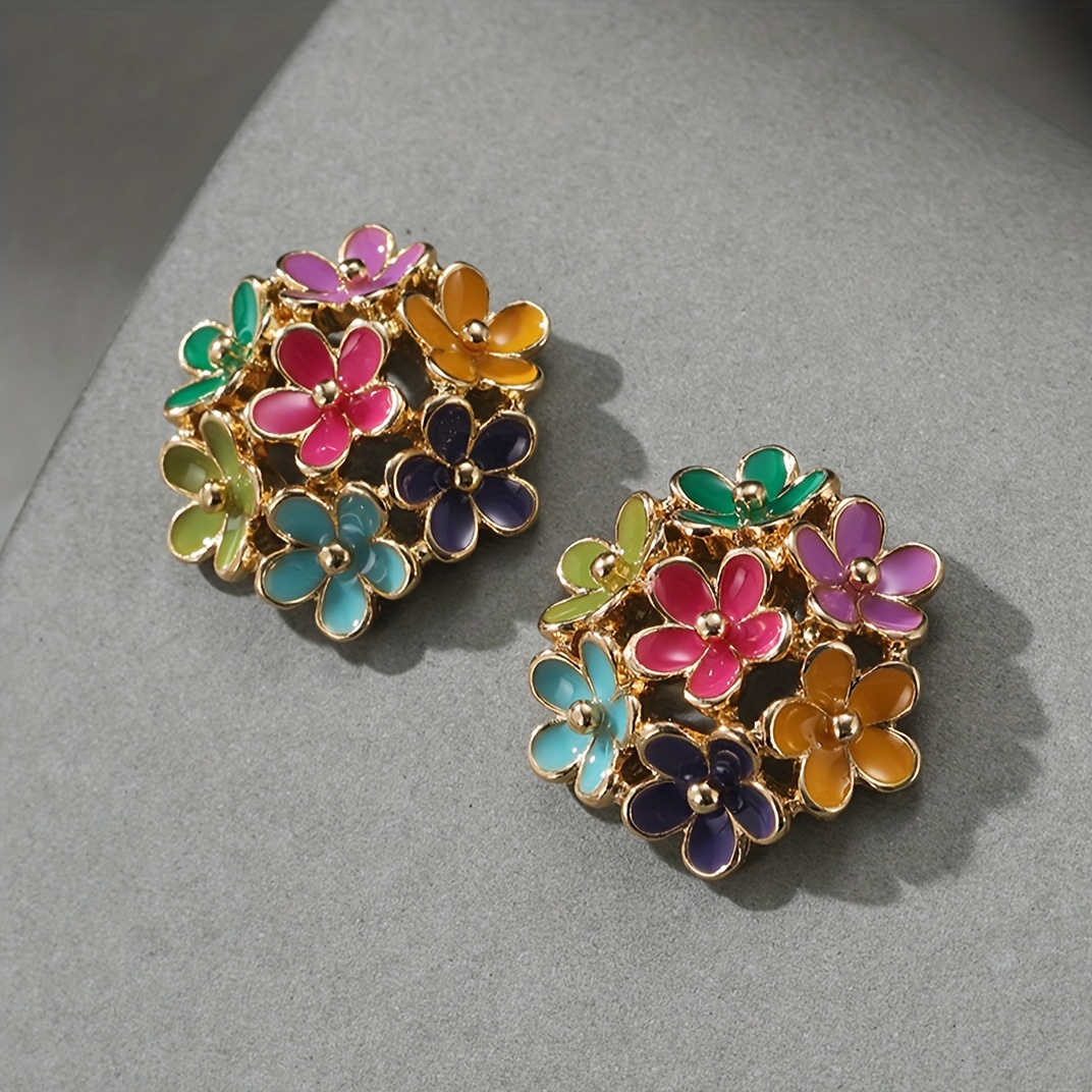 

Exaggerated Colorful Enamel Flower Design Stud Earrings Zinc Alloy Jewelry Elegant Pastoral Style For Women Summer Ear Decor