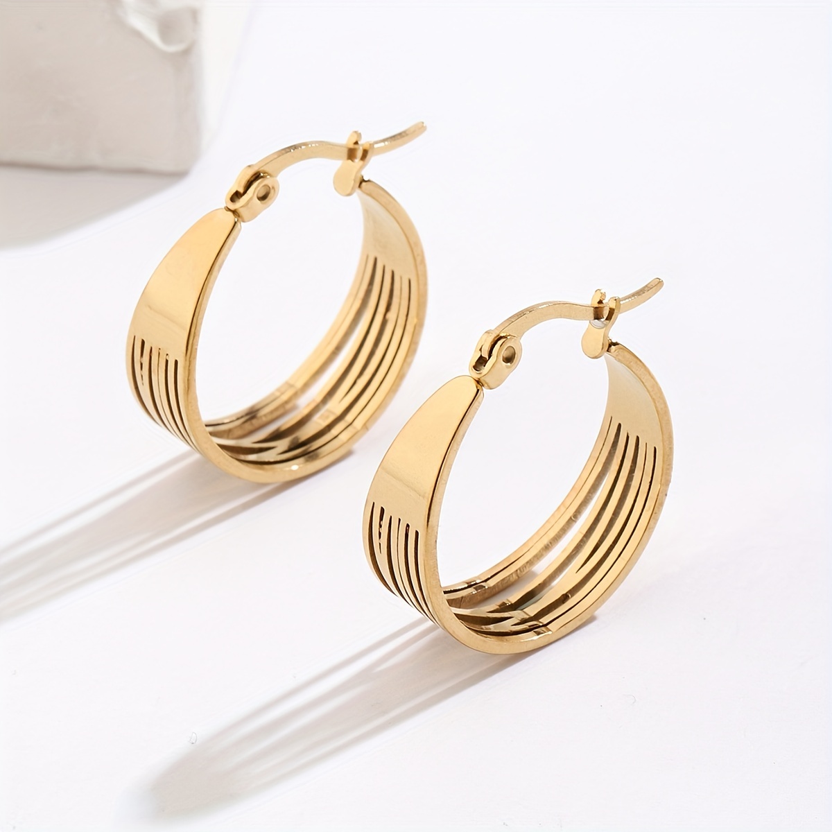 

Creative Stripes Pattern Hoop Earrings Retro Simple Style Stainless Steel Plated Jewelry Trendy Female Gift