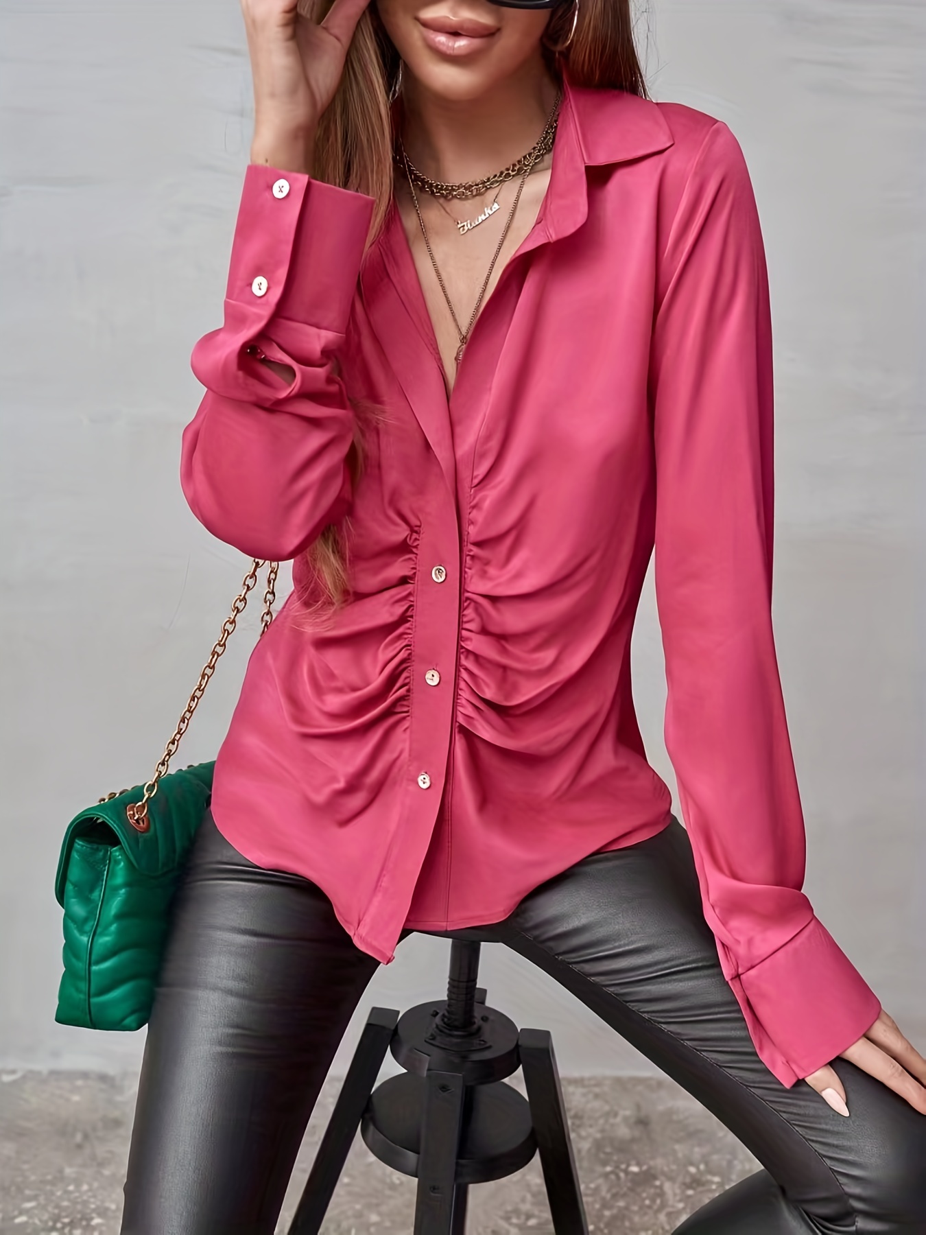 ruched solid shirt elegant button front long sleeve shirt womens clothing