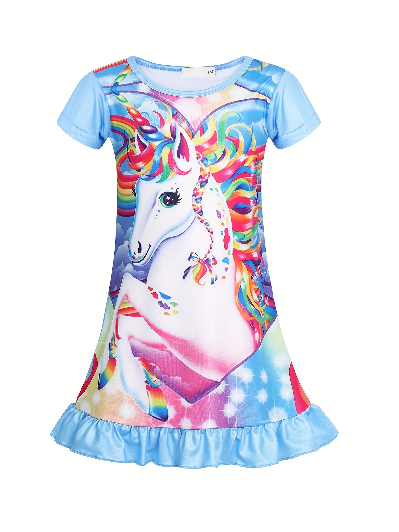 girls unicorn print nightdress kids short sleeve ruffle hem nightgowns sleepwear pajama dresses kids summer clothes details 32