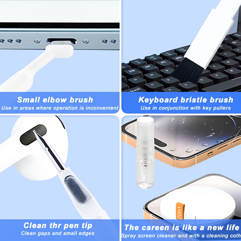  Kit limpiador de auriculares para teclado de pantalla de  computadora portátil para Airpods, juego de limpiador electrónico 7 en 1,  con bolígrafo de limpieza en aerosol para teléfono, iPad, pantalla de