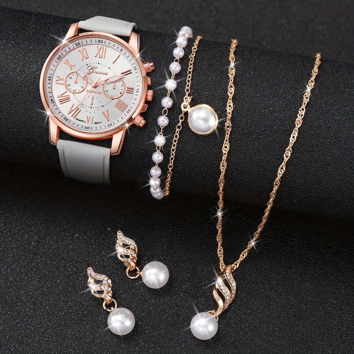 5pcs set womens watch casual round pointer quartz watch pu leather wrist watch faux pearl jewelry set gift for mom her details 0