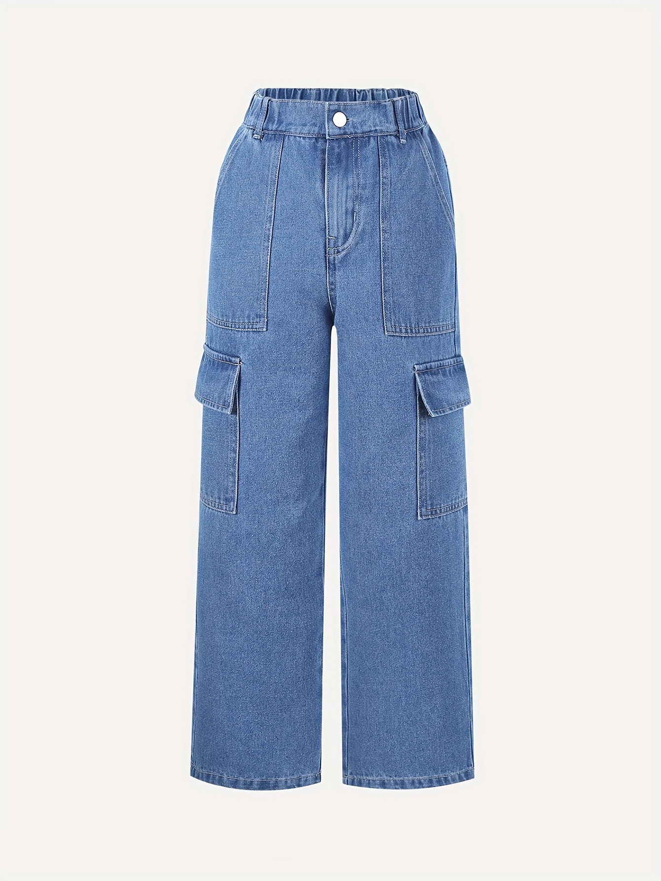 Trendy & Cool: Girls Light Washed Cargo Jeans All-match Straight Wide Leg  Denim Trousers With Pockets For Going Out
