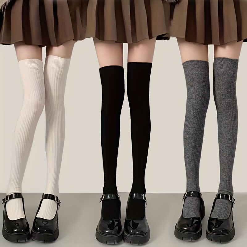 Black White Soild Color Long Socks Women Over Knee Thigh High