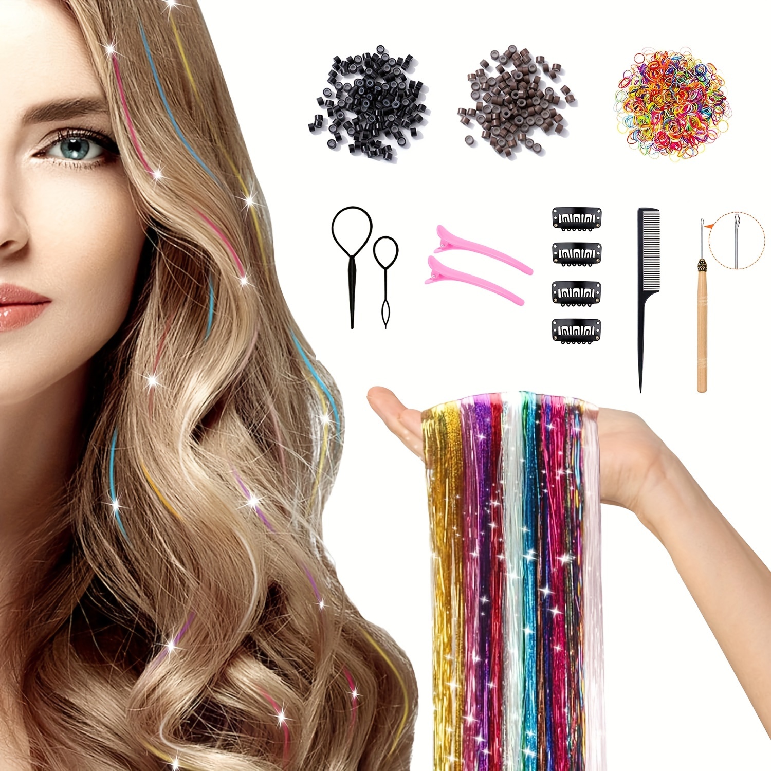 Rzvnmko Hair Tinsel,Hair Tinsel Kit with Tools,Tinsel Hair Extensions,12  Colors 2400 Strands Fairy Hair Tinsel Heat Resistant 47 Inch Hair Glitter