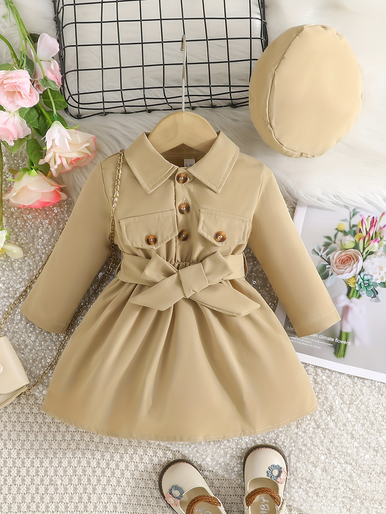 100% Cotton Baby Girl Khaki Long-sleeve Button Front Belted Dress