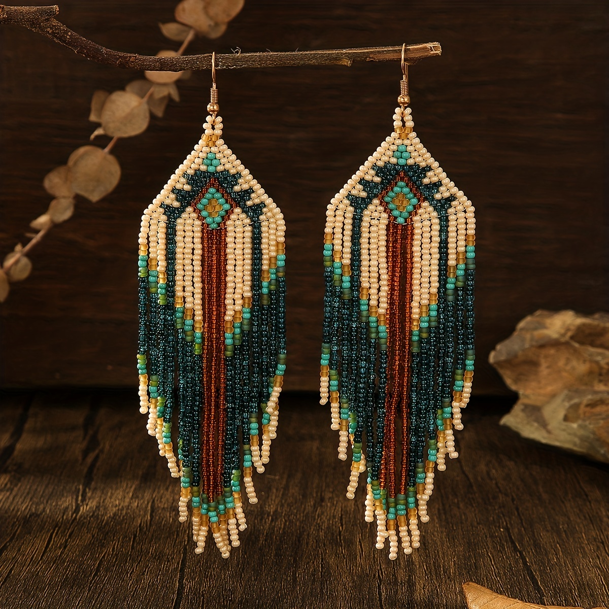 

Full Beads Decor Tassel Design Geometric Pattern Dangle Earrings Bohemian Vacation Style Holiday Ear Ornaments