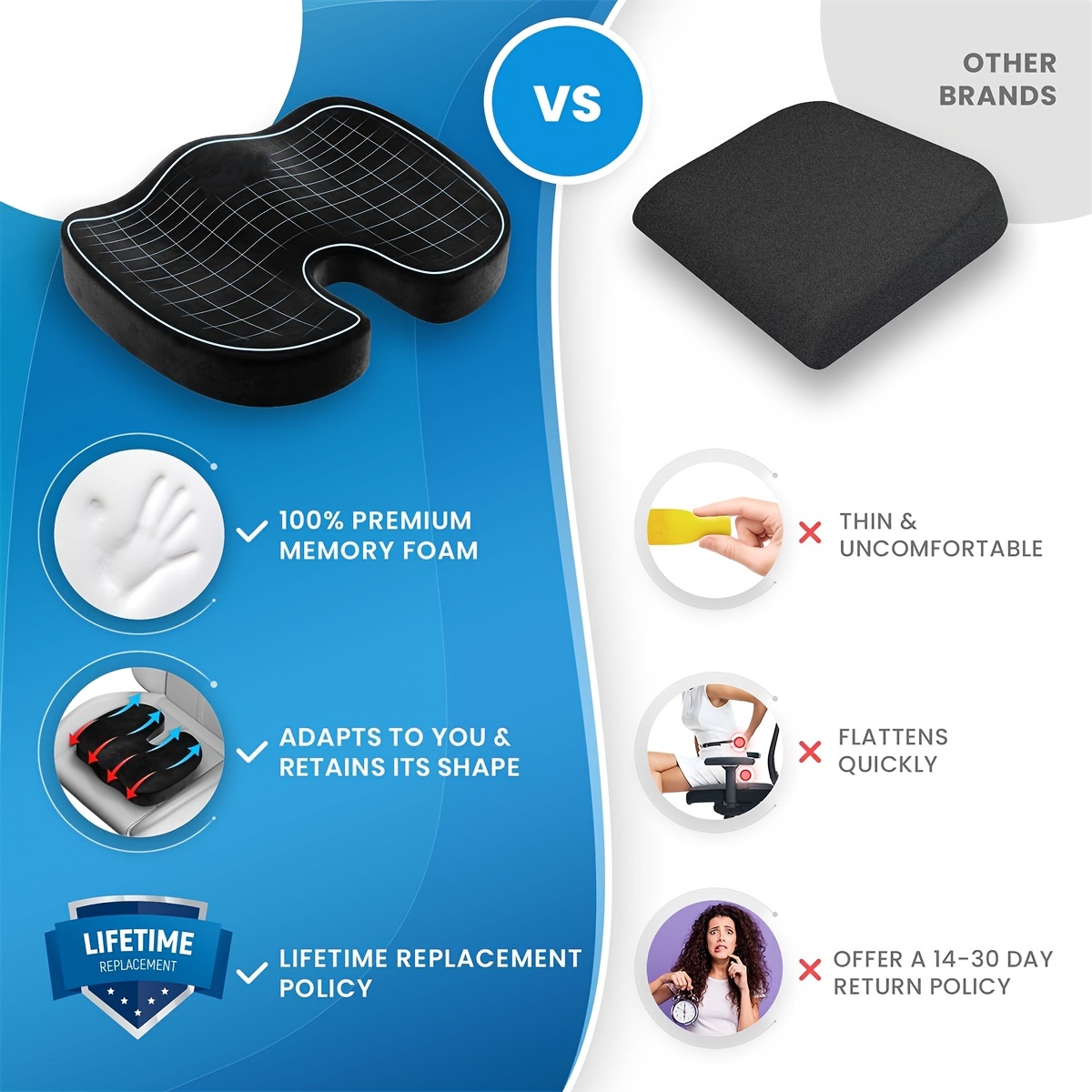 Waoaw Seat Cushion, Office Chair Cushions Butt Pillow for Long Sitting, Memory Foam Chair Pad for Back, Coccyx, Tailbone Pain Relief