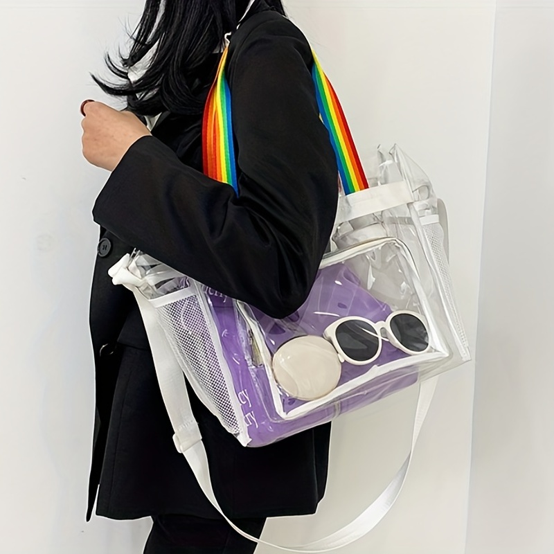 Clear Pvc Tote Bag For Women, Rainbow Strap Shoulder Bag