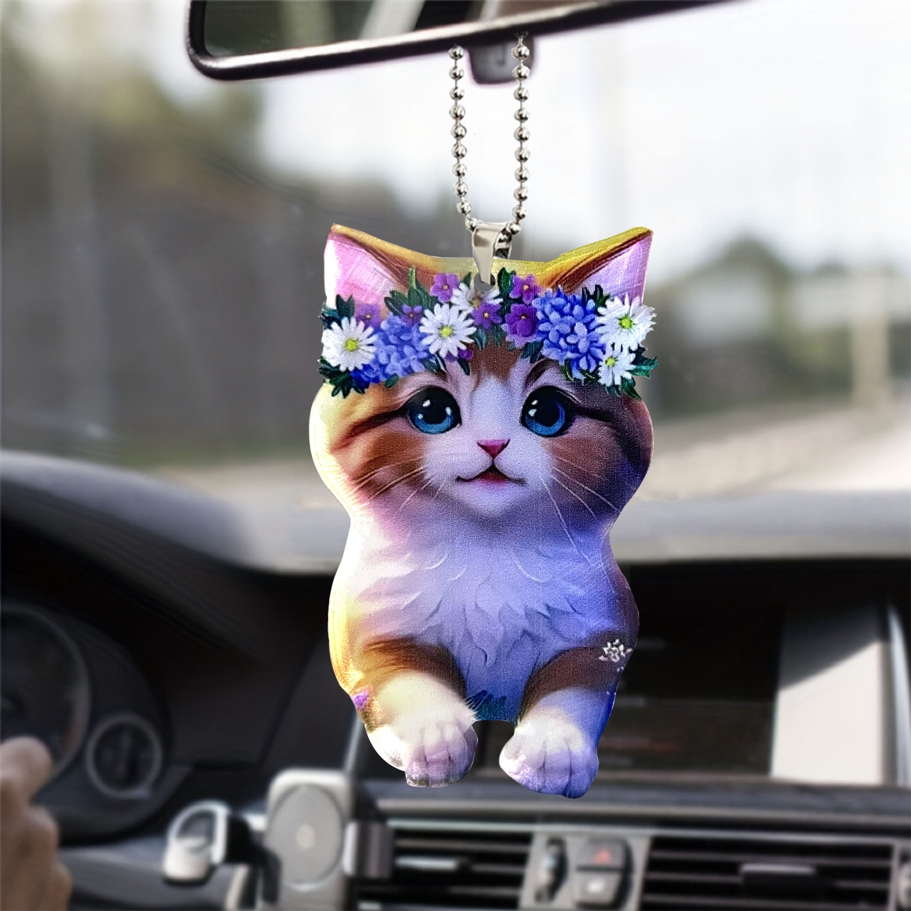 Running Cat Car Rearview Mirror Pendant Wearing A Garland - Temu