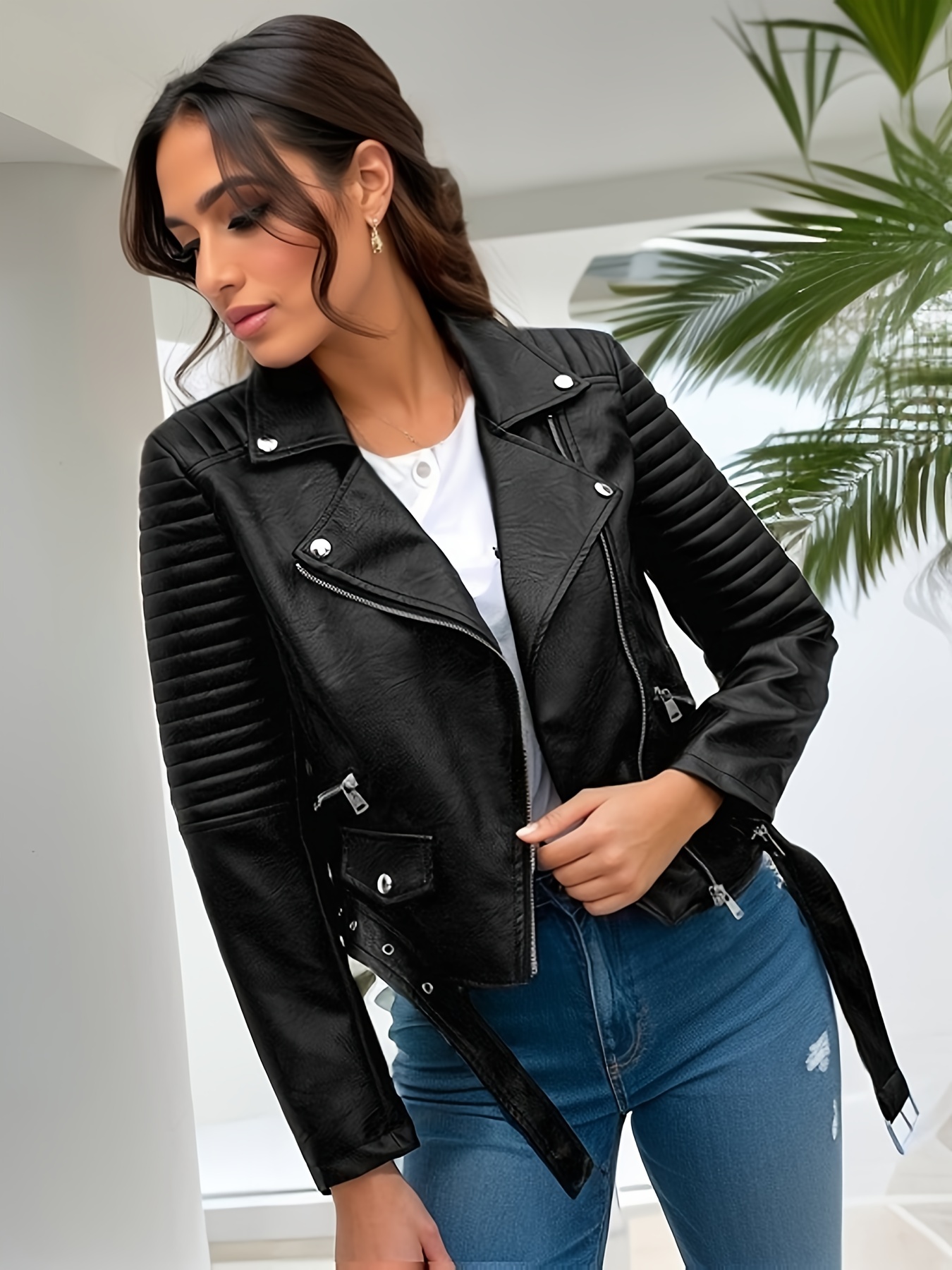 Pu Leather Print Biker Jacket, Street Wear Zipper Solid Long